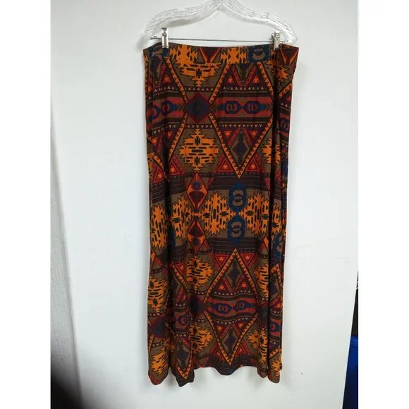 Catos Size XL Skirt Maxi Orange Brown Red Blue Aztec Design Soft - Picture 2 of 5